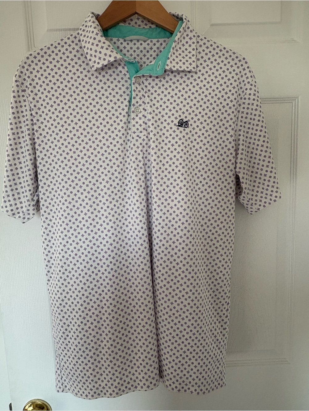 Men's White Polo with Teal Inner Placket and Micro-Print